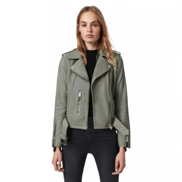 All Saints Jackets & Blazers - ALLSAINTS BALFERN LEATHER BIKER JACKET IN SAGE GREEN SIZE - 4